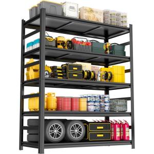 imageMetal Garage Shelving Unit Heavy Duty 5Tier Adjustable Storage shelves Steel Shelving 3000 lbs Capacity Industrial Shelves for Heavy Tools and Equipment Ideal for Garage Basement Black 72quotWith Fences 78H x 475W x 18D