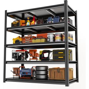 imageMetal Garage Shelving Unit Heavy Duty 5Tier Adjustable Storage shelves Steel Shelving 3000 lbs Capacity Industrial Shelves for Heavy Tools and Equipment Ideal for Garage Basement Black 72quotWith Fences 72Hx48Wx24D